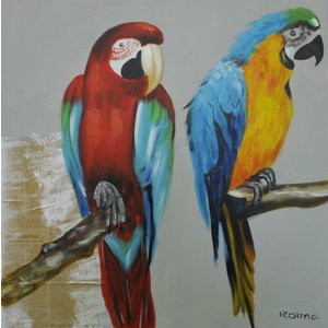 Schilderij - Handgeschilderd - Papegaaien 80x80cm