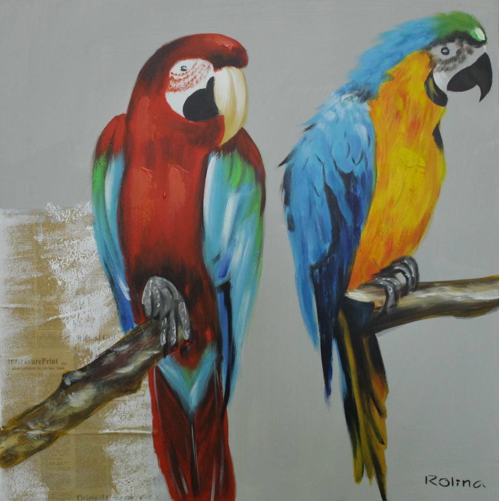 Schilderij - Handgeschilderd - Papegaaien 80x80cm afbeelding