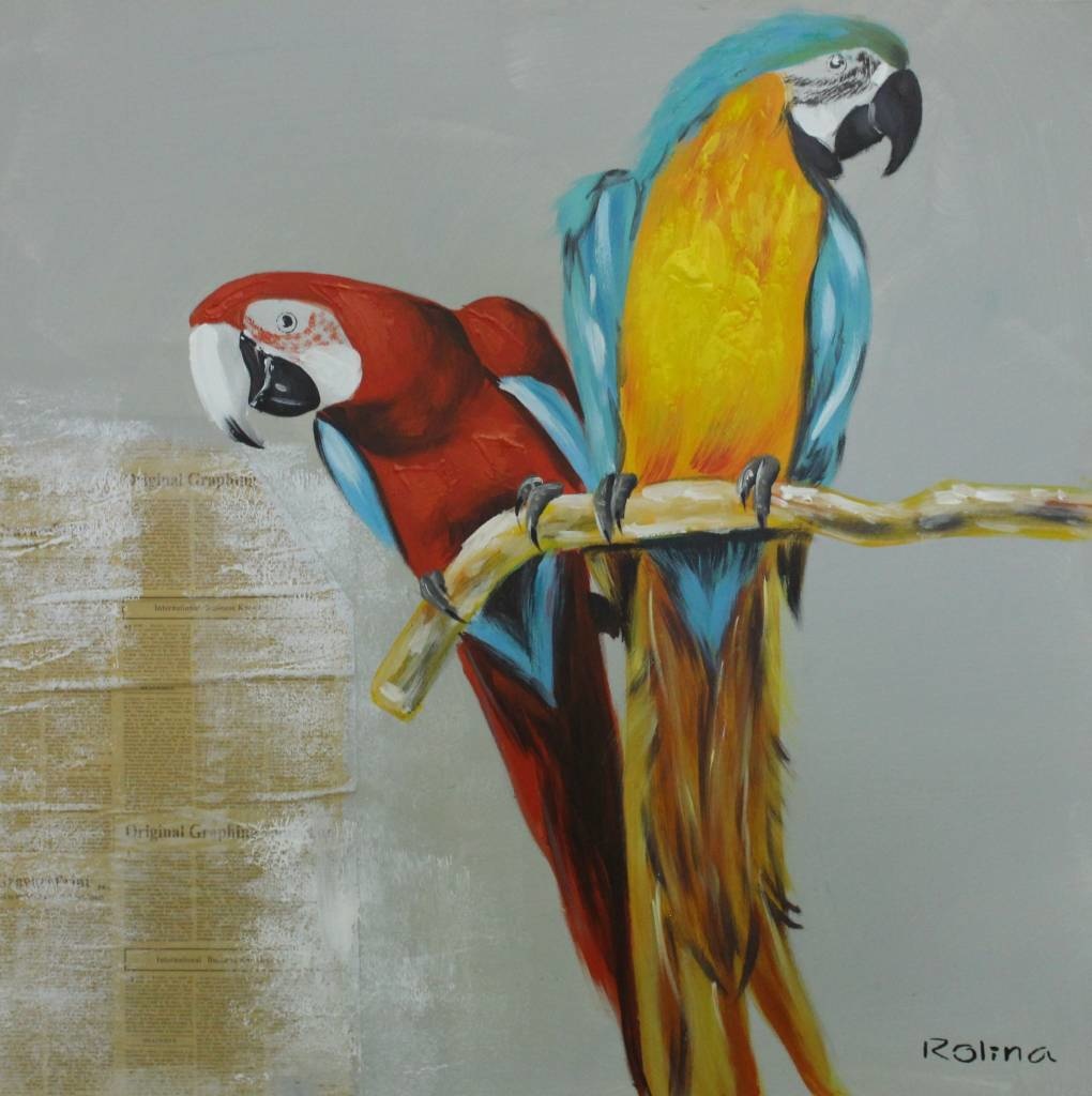 Schilderij - Handgeschilderd - Papegaaien 2, 80x80cm afbeelding