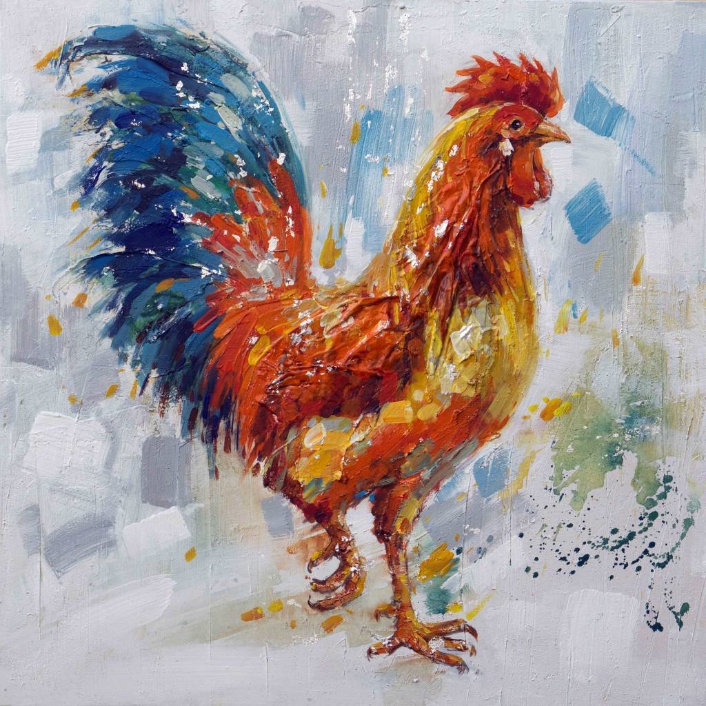 Schilderij - Handgeschilderd - Haan 80x80cm afbeelding