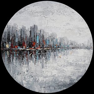 Schilderij - Handgeschilderd - Skyline Abstract 2 ,80cm Rond