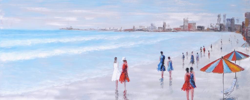Schilderij - Handgeschilderd - Strandwandeling 150x60cm afbeelding