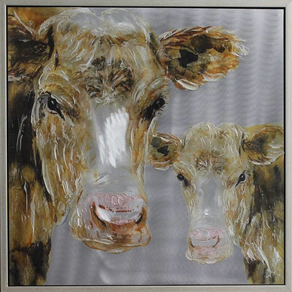 Schilderij -Handgeschilderd - Koeien - grijs bruin - 100x100cm