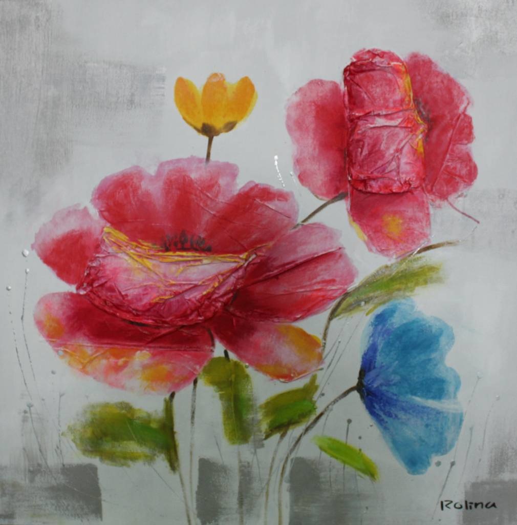 Schilderij -Handgeschilderd - Bloemen - multikleur - 100x100cm afbeelding