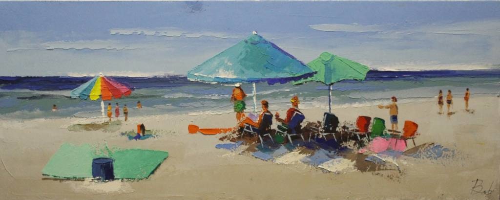 Schilderij - Handgeschilderd - Stranddag 150x60cm afbeelding