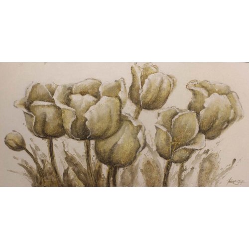Schilderij - Handgeschilderd - Tulpen Schets 150x60cm