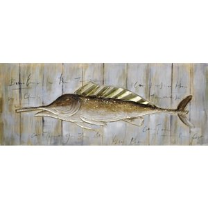 Schilderij - Handgeschilderd - Vis aan de muur 150x60cm