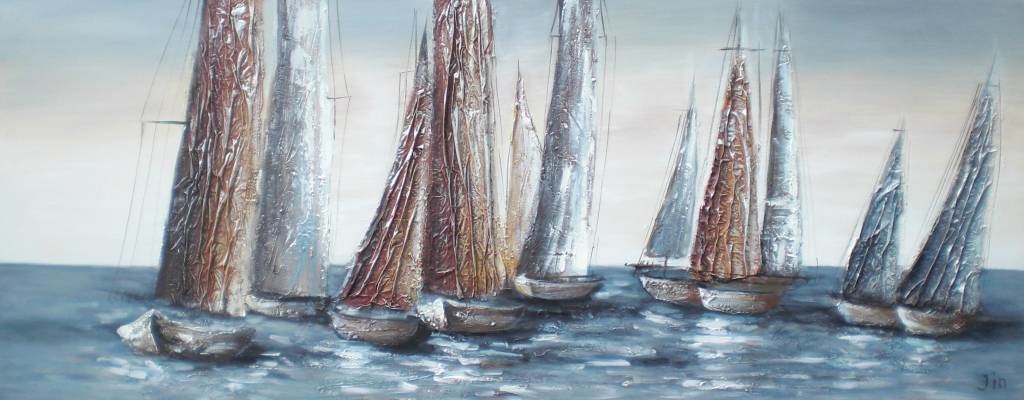 Schilderij - Handgeschilderd - Zeilboten op zee 150x60cm afbeelding