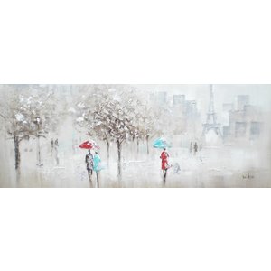 Schilderij - Handgeschilderd - Wandeling in Parijs 150x60cm