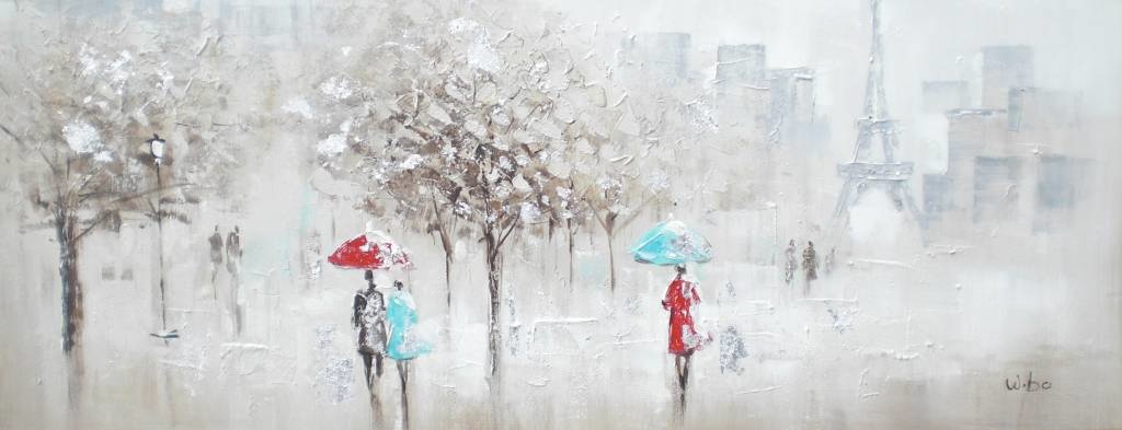 Schilderij - Handgeschilderd - Wandeling in Parijs 150x60cm afbeelding