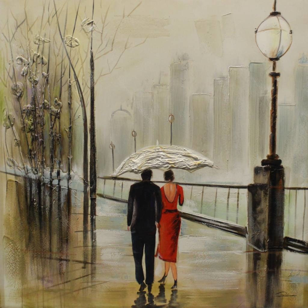 Schilderij - Handgeschilderd - In de regen 100x100cm afbeelding