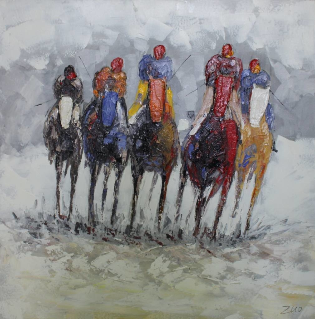 Schilderij - Handgeschilderd - Paardenrace 100x100cm afbeelding