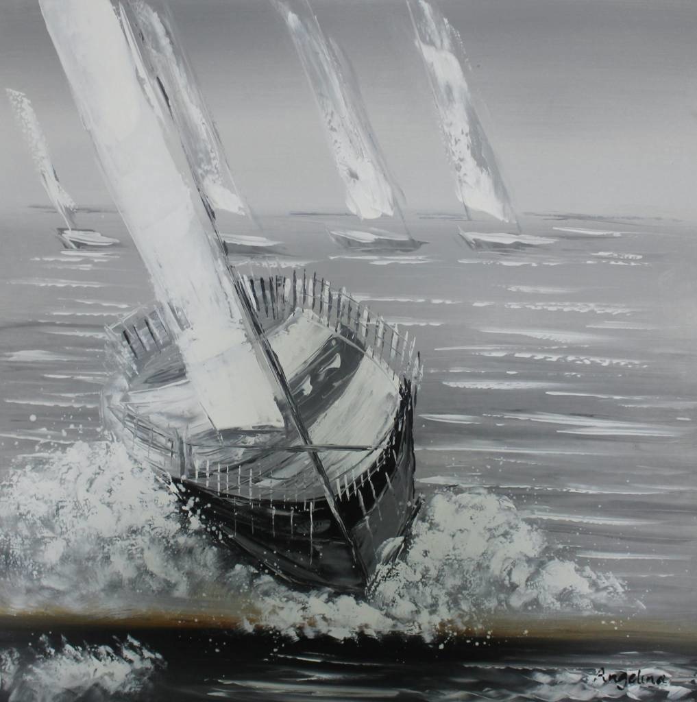 Schilderij - Handgeschilderd - Zeilboten race 2 100x100cm afbeelding