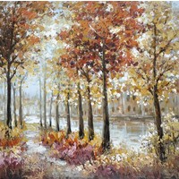 Schilderij - Handgeschilderd - Bos en rivier 100x100cm