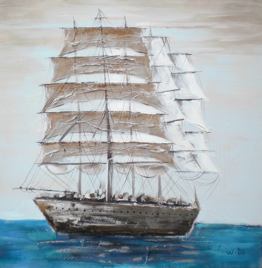 Schilderij - Handgeschilderd - Schip 100x100cm afbeelding