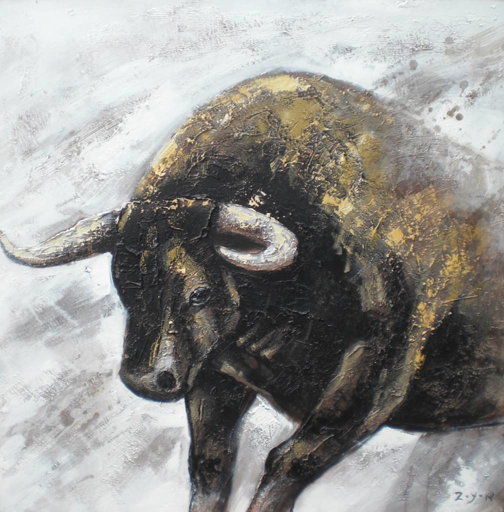 Schilderij - Handgeschilderd - Stier 100x100cm afbeelding