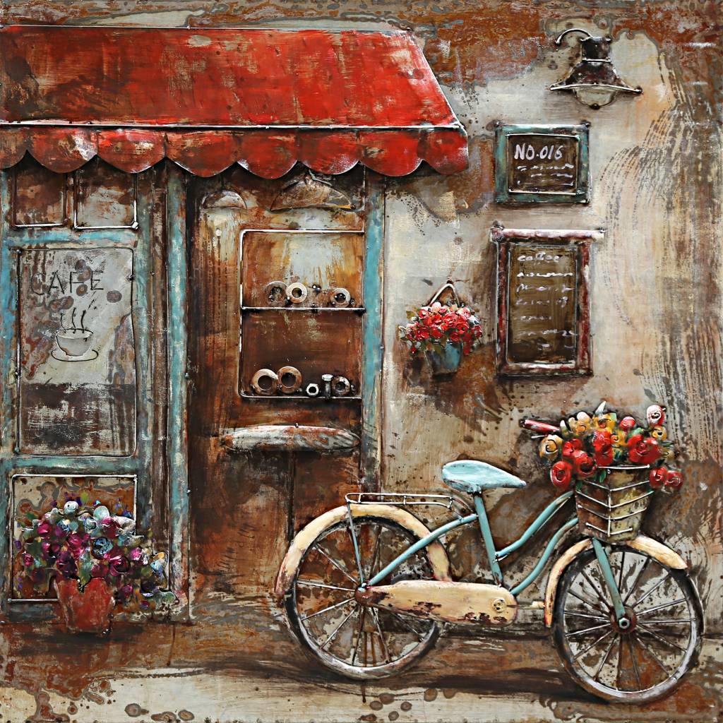 Schilderij - metaalschilderij -Fiets voor huis 100x100cm afbeelding