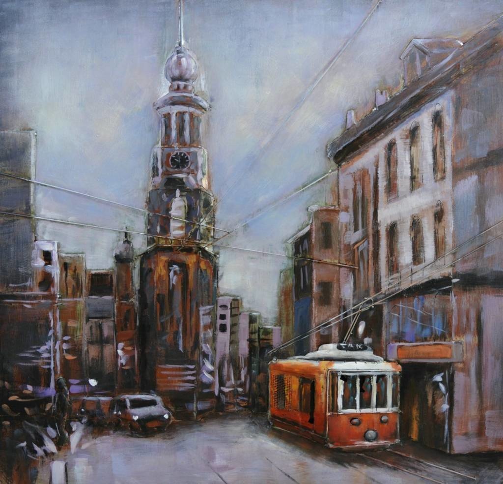 Schilderij - metaalschilderij -Stads gezicht, Amsterdam, tram 100x100cm afbeelding