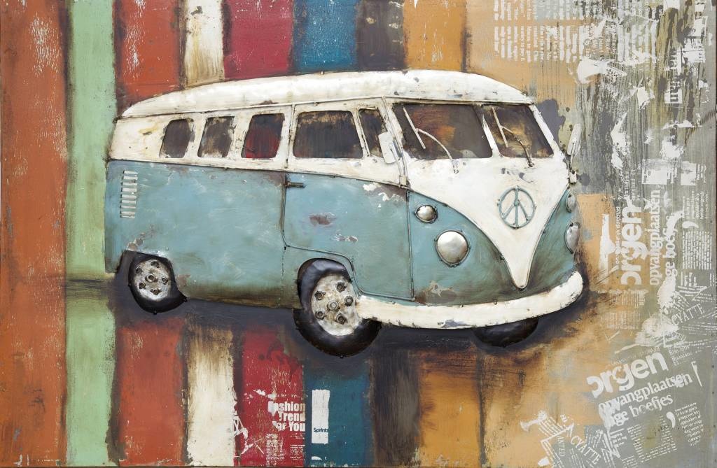 Schilderij - Metaalschilderij - Retro Busje, 120x80cm afbeelding