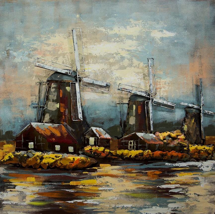 Schilderij - metaalschilderij -Hollandse Molens 100x100cm afbeelding