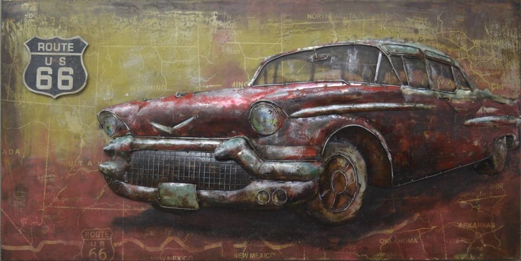 Schilderij - Metaalschilderij - Oldtimer route 66, 140x70cm afbeelding