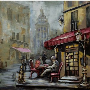 Schilderij - metaalschilderij -Café op de hoek 100x100cm