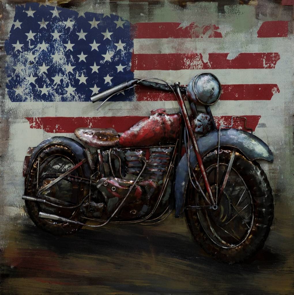 Schilderij - metaalschilderij -Motor in Amerika 100x100cm afbeelding