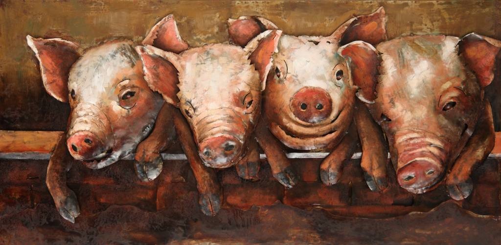 Schilderij - Metaalschilderij - Vrolijke varkens, 120x60cm afbeelding