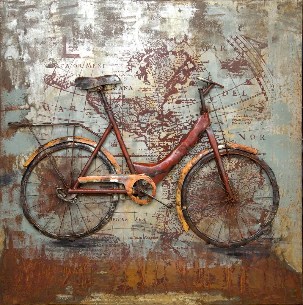 Schilderij - Metaalschilderij - Fietsen om de wereld, 100x100cm afbeelding