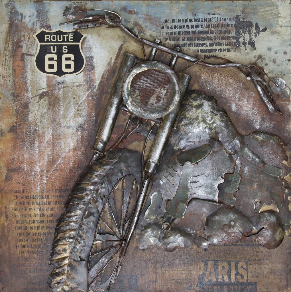 Schilderij - Metaalschilderij - Motorfiets route 66, 100x100cm afbeelding