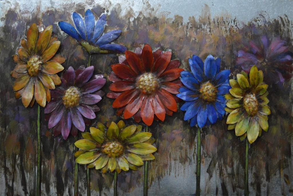 Schilderij - Metaalschilderij - Kleurrijke bloemen, 120x80cm afbeelding