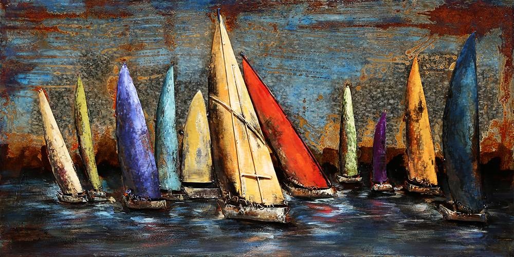 Schilderij - Handgeschilderd Metaalschilderij- Gekleurde zeilboten, 140x70cm afbeelding