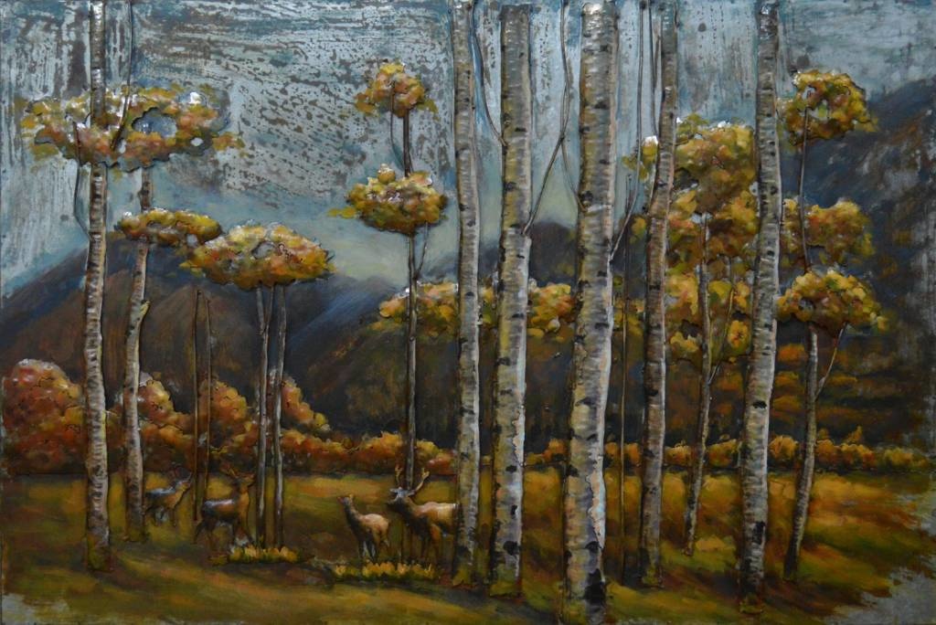 Schilderij - Metaalschilderij - Herten in het bos 2, 120x80cm afbeelding