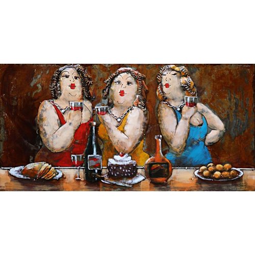 Schilderij Metaalschilderij - Dikke dames aan de wijn, 120x60cm - Karo-art VOF