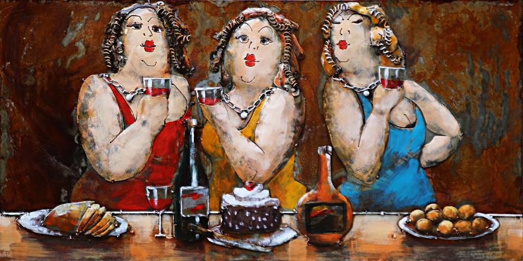 Schilderij - Metaalschilderij - Dikke dames aan de wijn, 120x80cm afbeelding