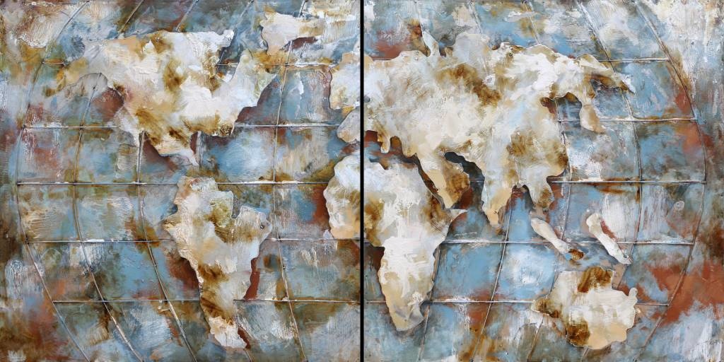 Schilderij - Metaalschilderij - Wereldkaart, 180x90cm, 2luik afbeelding