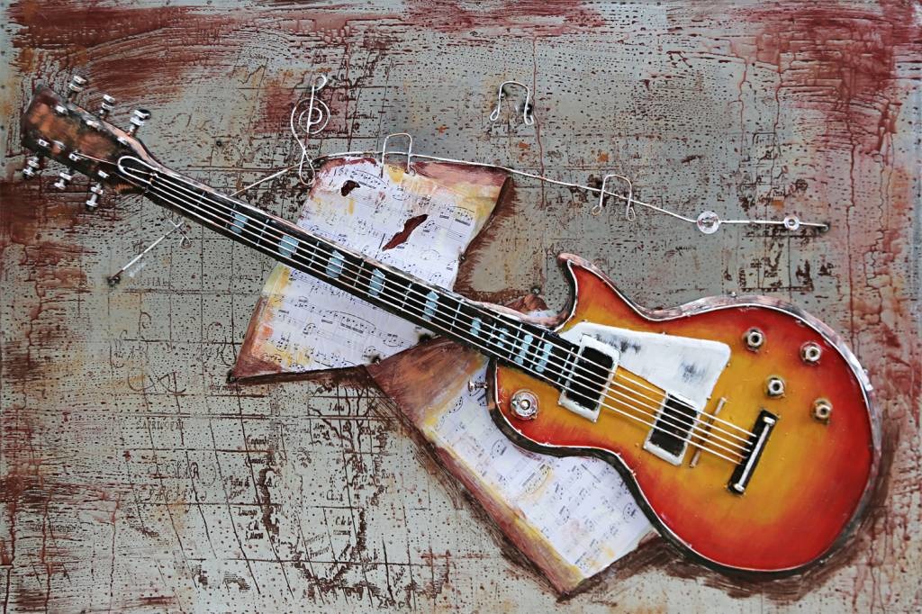 Schilderij - Metaalschilderij - Elektrische Gitaar, 120x80cm afbeelding