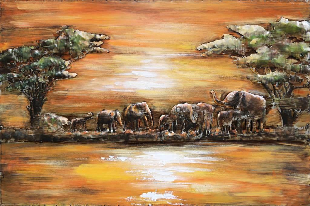 Schilderij - Metaalschilderij - Olifanten in Afrika, 120x80cm afbeelding