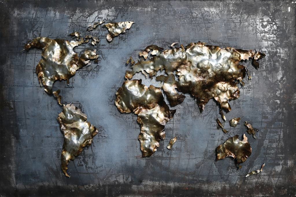 Schilderij - Metaalschilderij - Wereldkaart blauw, 120x80cm afbeelding