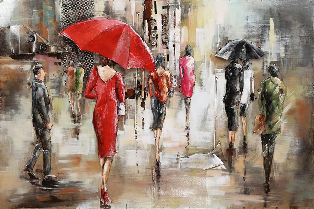 Schilderij - Metaalschilderij - In de regen, 120x80cm afbeelding