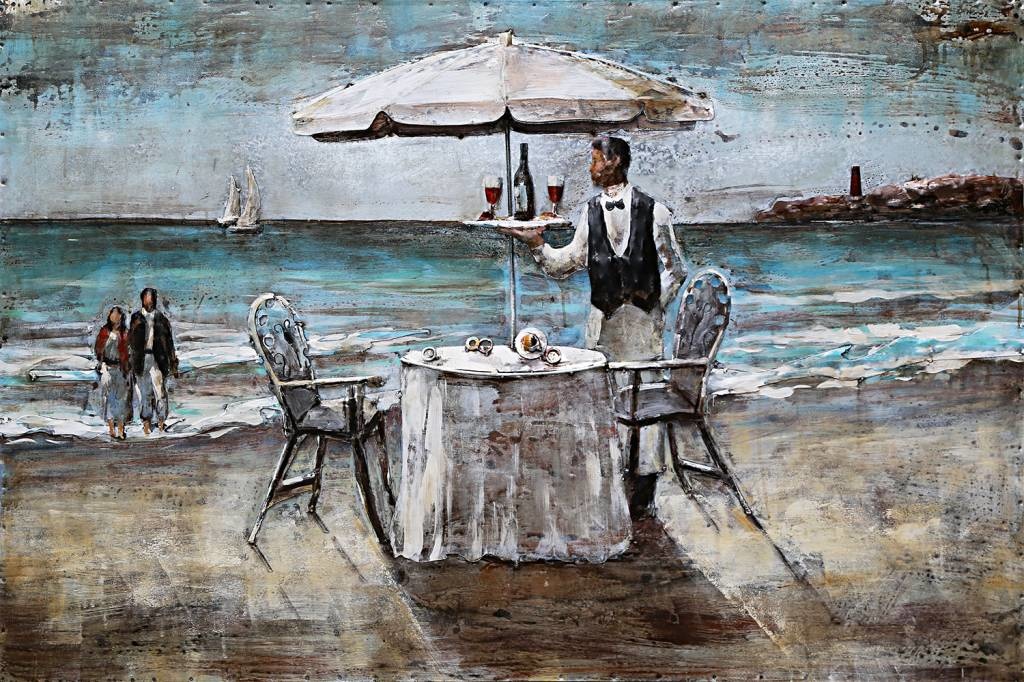 Schilderij - Metaalschilderij - Diner op het strand, 120x80cm afbeelding