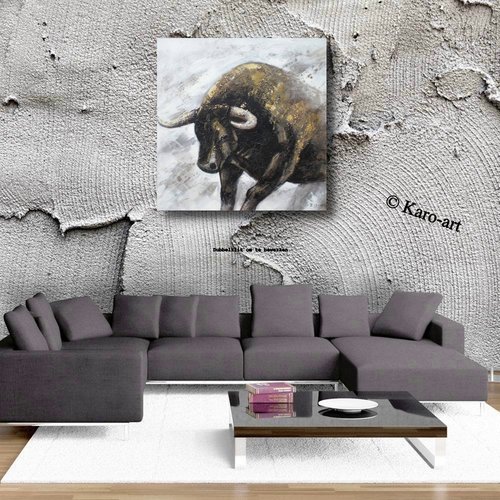 Schilderij - Handgeschilderd - Stier 100x100cm