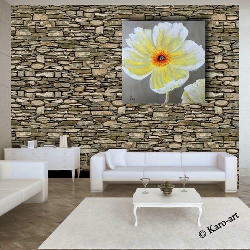 Schilderij - Handgeschilderd - Gele bloem 100x100cm