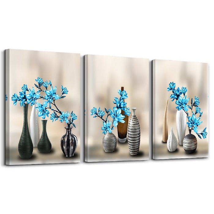 Schilderij - Vazen met blauwe bloemen, 120x80cm, 3 luik afbeelding