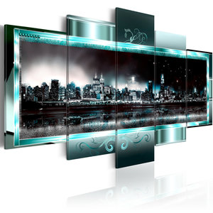 Schilderij -  Turquoise New York: Sterren Nacht , 5 luik