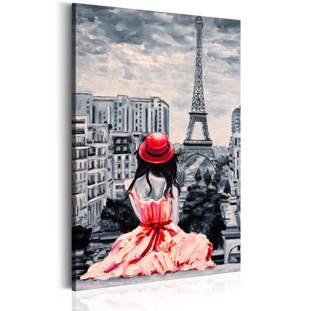 Schilderij - Romantisch Parijs , Vrouw met Rode Hoed
