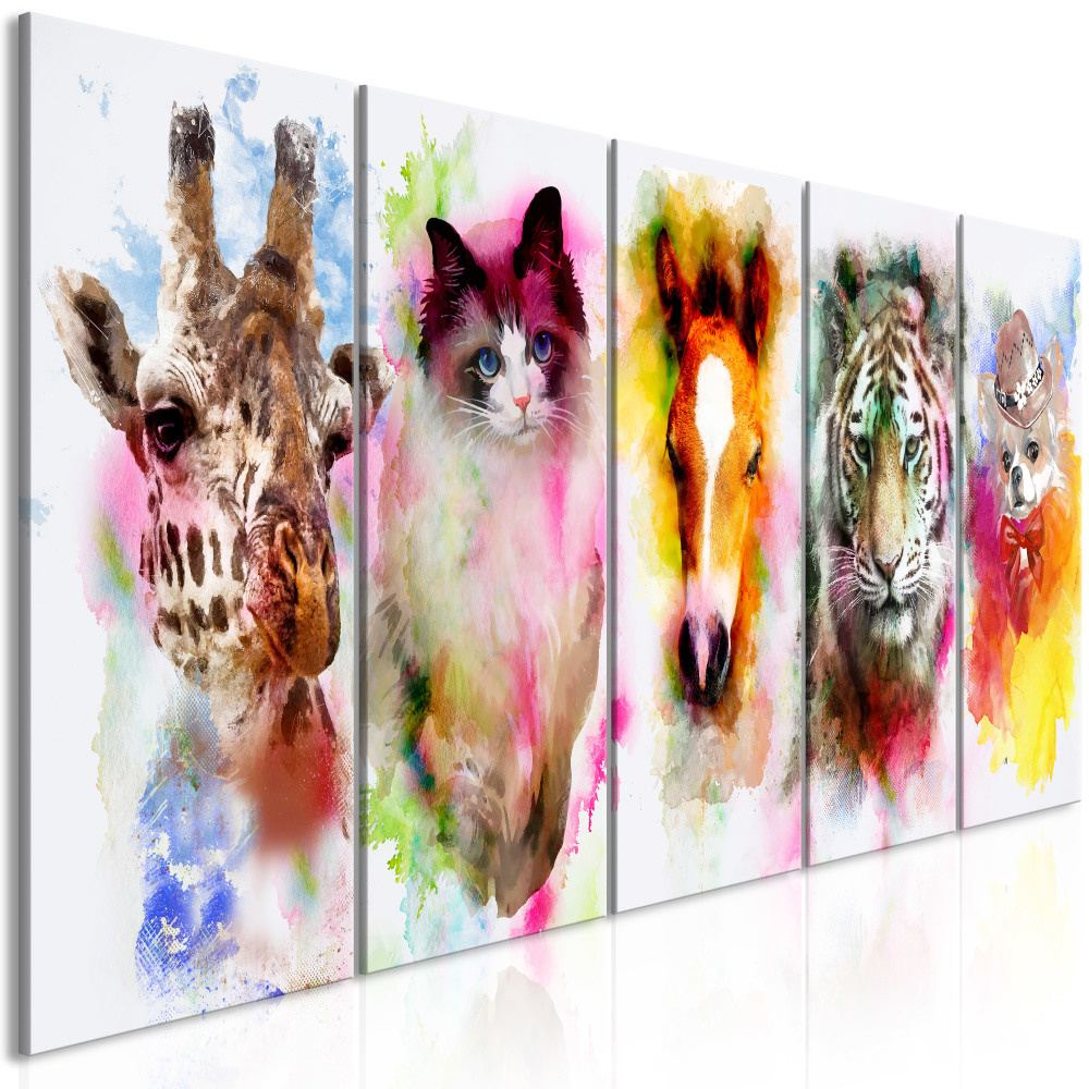 Schilderij - Dieren in Waterverfkleuren , 5 luik