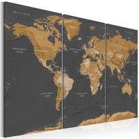 Schilderij - Wereldkaart , Wereld in Bruintinten , 3 luik