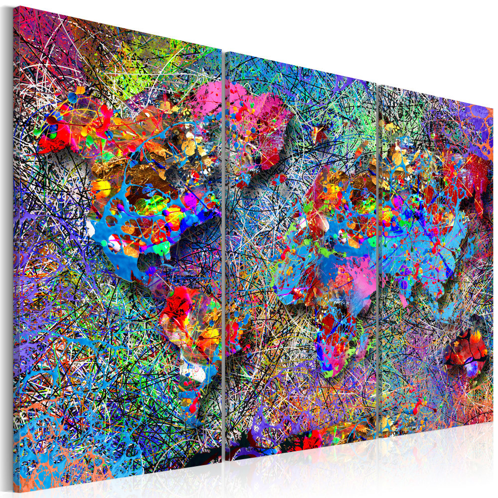 Schilderij - Wereldkaart , Kleurrijke Werveling , 3 luik afbeelding