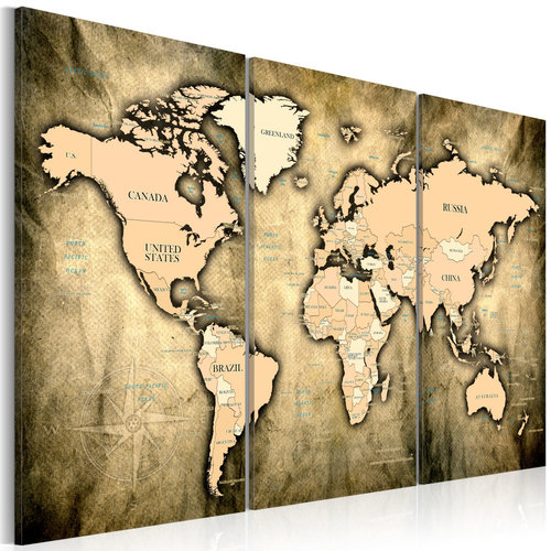Schilderij - Wereldkaart , Zanderige Wereld , 3 luik